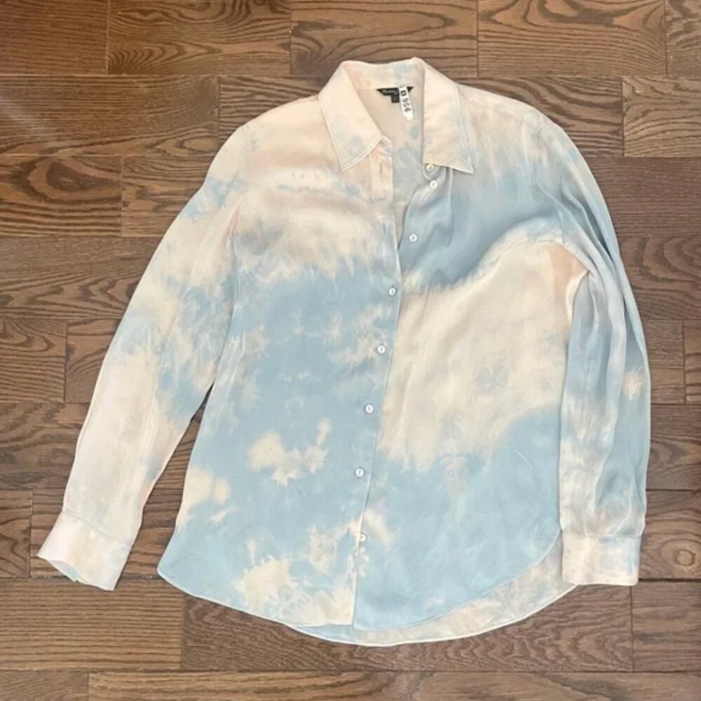 Massimo Dutti Silk Button-Up Shirt - Cream & Baby Blue Tie Dye